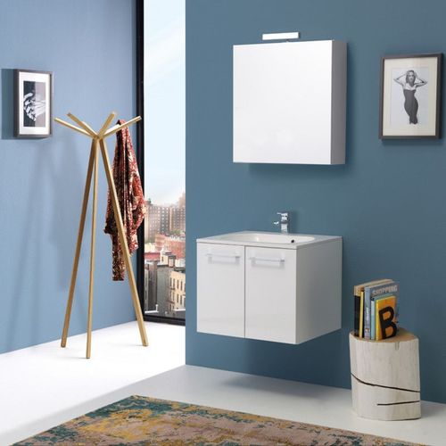 Meuble De Salle De Bains 'boston' 60 Cm Laqué Blanc Avec Portes Et Miroir-Armoire