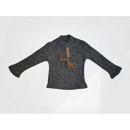 Pull Gris Foncé Chiné Col Montant - Pendentif Plumes Indiennes 3/4 Ans