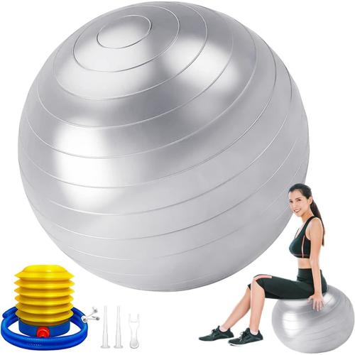 Argent Ballon De Gymnastique, Boule D'assise, Balle De Yoga, Balles D'exercices Fitness, Grossesse, Anti-Éclatement Et Très Épais, Avec Pompe À Air, Pilates Core Training Physique 55cm