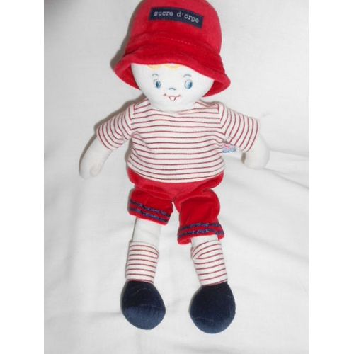 Doudou Garcon Clown Sucre D'orge Chapeau Sort Pantalon Rouge Pull Tee Shirt Braye Mariniere 32cm