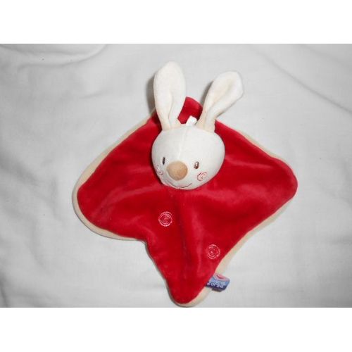 Doudou Plat Carre Lapin Rouge Et Blanc Creme Beige Ecru Sucre D'orge Cajou Spirale