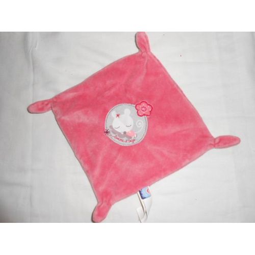Doudou Plat Fleur Rose Souris Qui Dort Gris Carre 4 Noeuds Sucre D'orge