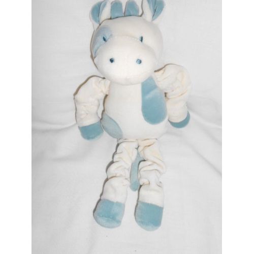 Doudou Vache Hppopotame Bleu Blanc Bras Patte Elastique Ressort 30cm Cocard Sucre D'orge