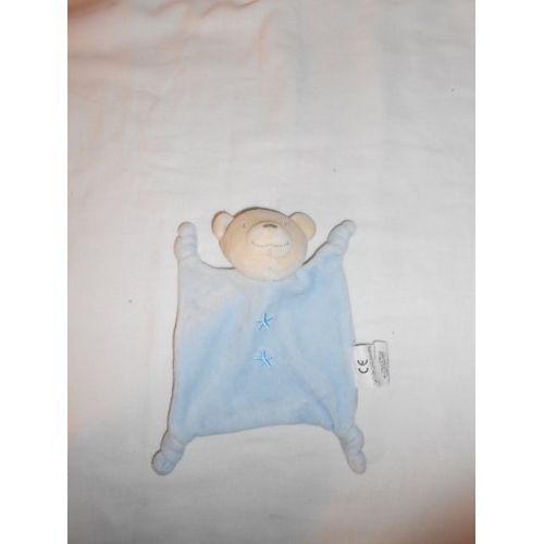 Doudou Ours Tete Beige Ecru Creme Bleu Absorba Plat Carre Etoile Brode 4 Noeuds