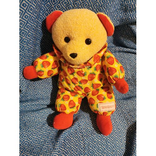 Doudou Eponge Ours Corps Tissu Jaune Fraises Rouge Grelot Nounours