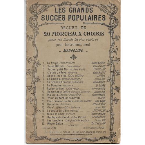 Les Grands Succès Populaires, Recueil De 20 Morceaux Choisis Parmi Les Succès Les Plus Célèbres Pour Instrument Seul Mandoline