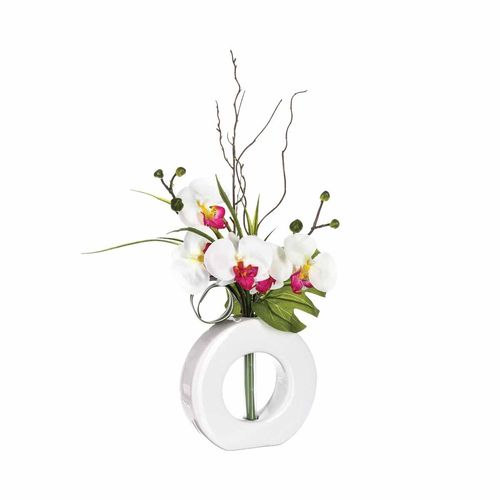 Composition florale vase blanc - Hauteur 44 cm - Orchidée fleur rose