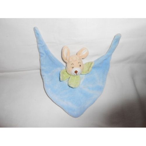 Doudou Lapin Plat Triangulaire Bleu Col Vert Écru Jollybaby Jolly Baby Renard