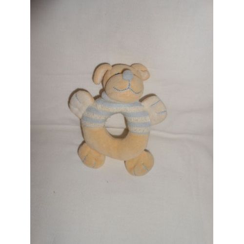 Doudou Chien Hochet Grelot Bleu Jaune Ecru Beige Creme Raye Mariniere Col Collier Anneau Jollybaby Jolly Baby Priscilla Larsen