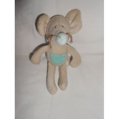 Doudou Souris Jacadi Gris Beige Creme Ecru Poche Bleu Vert 17cm