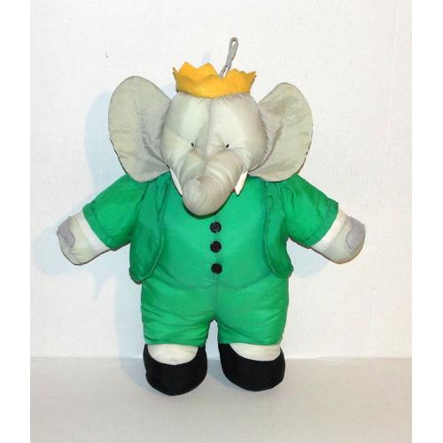 Peluche Babar En Toile Style Puffalump Doudou L'elephant Babar Yeux Feutrine 38 Cm