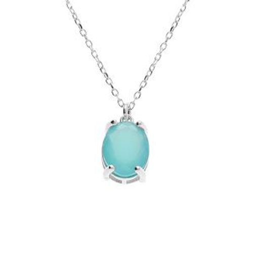 Collier Argent Rhodié Pendentif Ovale Oxyde 10 X 7.5mm Vert Opaque 42+3cm