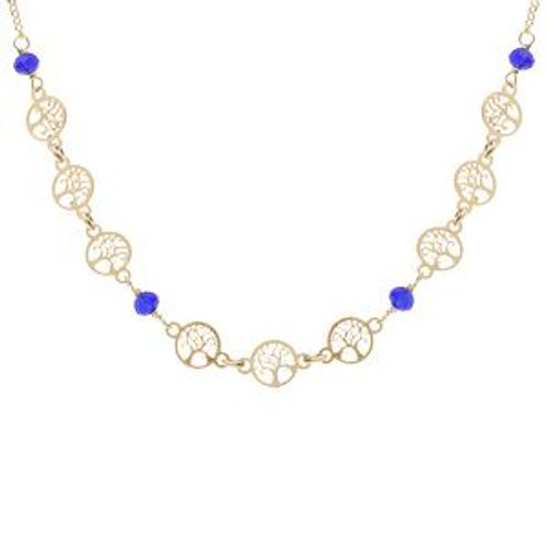 Collier Argent Doré Motifs Arbre De Vie Et Perles Imitation Bleues 42+3cm