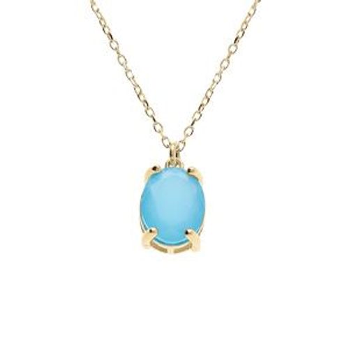 Collier Argent Doré Pendentif Ovale Oxyde 10 X 7.5mm Bleu Clair Opaque 42+3cm
