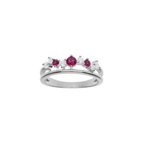 Bague Argent Rhodié 2 Rangs Oxydes Sertis Fushia Et Blancs