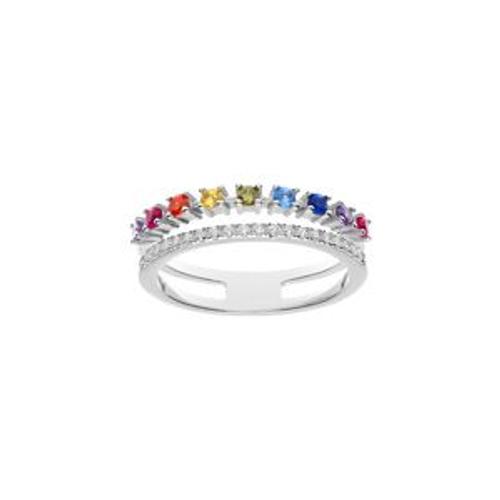 Bague Argent Rhodié Double Oxydes Multi Couleurs