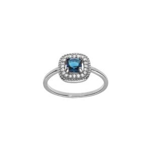 Bague Argent Rhodié Oxyde Carré Bleu Moyen Contour Oxydes Blancs