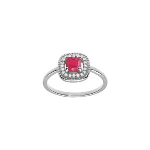 Bague Argent Rhodié Oxyde Carré Fuschia Contour Oxydes Blancs