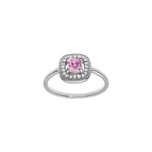 Bague Argent Rhodié Oxyde Carré Rose Contour Oxydes Blancs