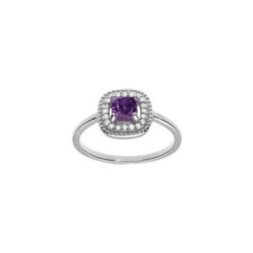 Bague Argent Rhodié Oxyde Carré Violet Contour Oxydes Blancs