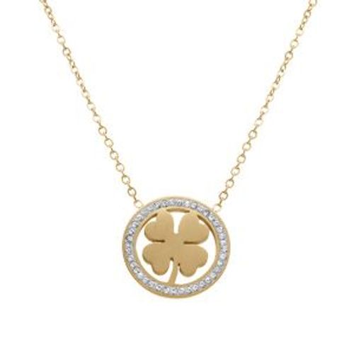 Collier Acier Doré Motif Trèfle Contour Strass 40+5cm