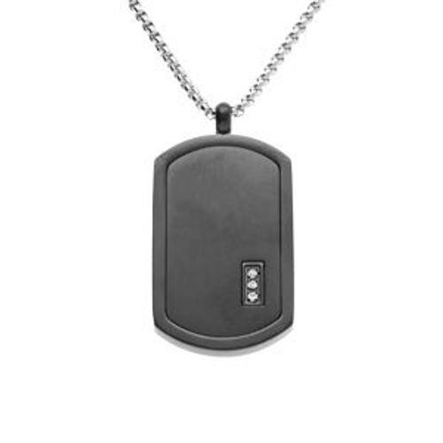 Collier Acier Pendentif Rectangulaire Pvd Noir 30 X 17mm Pans Arrondi Avec 3 Oxydes Blancs 50+5cm