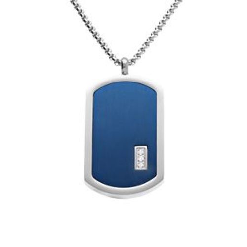 Collier Acier Pendentif Rectangulaire Pvd Bleu 30 X 17mm Pans Arrondi Avec 3 Oxydes Blancs 50+5cm