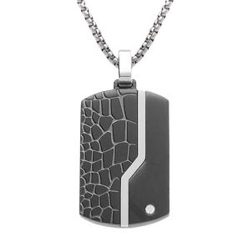 Collier Acier Pendentif Rectangulaire Pvd Noir 30 X 18mm Pans Arrondi 50+5cm