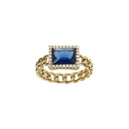 Bague Plaqué Or Mailles Entrelacées Oxyde Bleu Carré Et Contour Oxydes Blancs