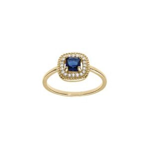 Bague Plaqué Or Carré Bleu Foncé Contour Oxydes Blancs