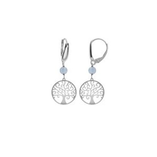 Boucles D'oreilles Dormeuse Argent Rhodié Arbre De Vie 15mm Et Boule Jade Bleu Ciel Véritable