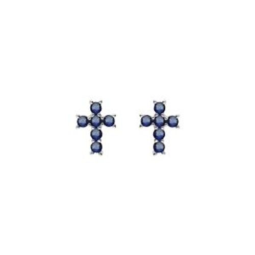 Boucles D'oreilles Tige Argent Rhodié Croix Oxydes Bleu