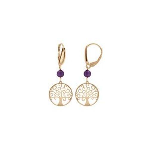 Boucles D'oreilles Dormeuse Argent Doré Jaune Arbre De Vie 15mm Et Boule Jade Violette Véritable