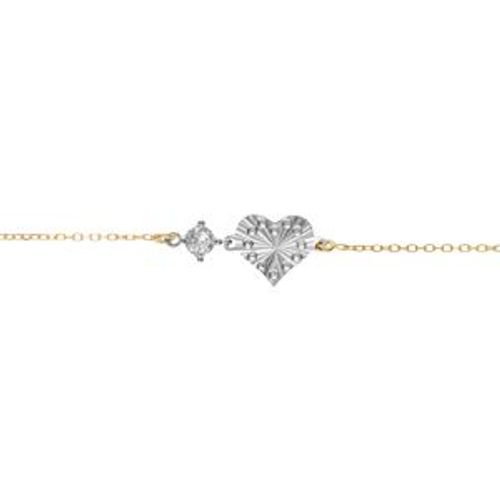 Bracelet Argent Rhodié Et Doré Jaune Coeur Diamanté Avec 1 Oxyde Blanc 16+3cm