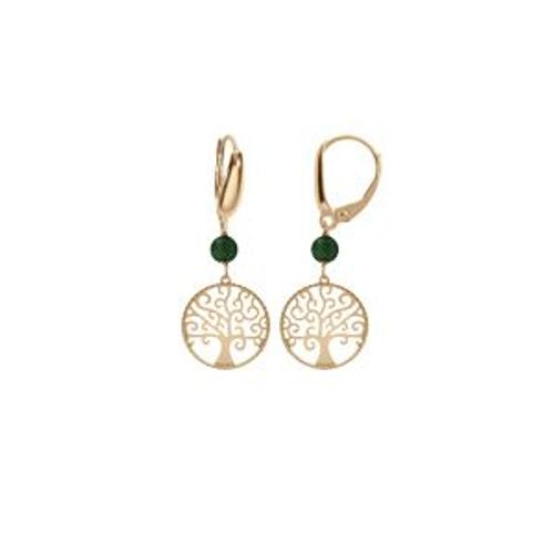 Boucles D'oreilles Dormeuse Argent Doré Jaune Arbre De Vie 15mm Et Boule Malachite Véritable