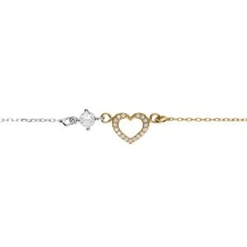 Bracelet Argent Rhodié Et Doré Jaune Coeur Contour Oxydes Blancs 16+3cm