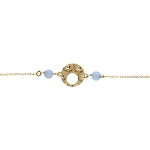 Bracelet Argent Doré Pastille Martelé Avec 2 Boules Jade Bleu Ciel 16+3cm