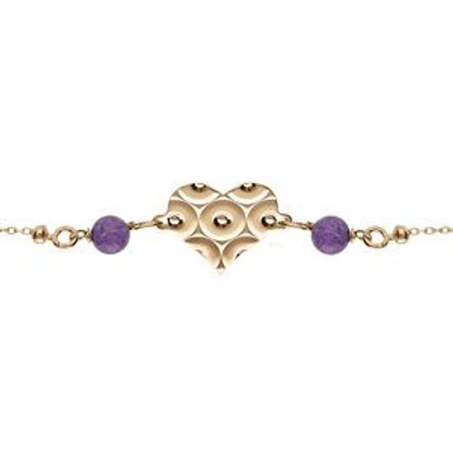 Bracelet Argent Doré Chaîne Boule Coeur Martelé Avec 2 Boules Jade Violette Véritable 16+3cm