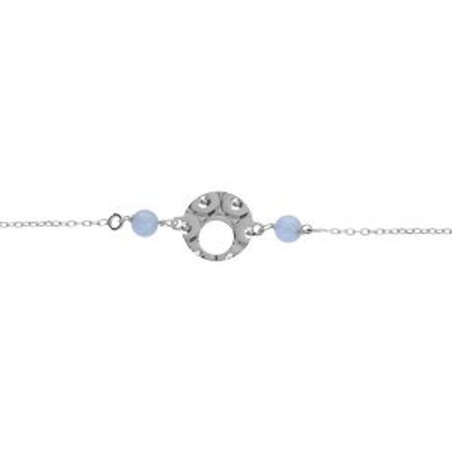 Bracelet Argent Rhodié Pastille Martelé Avec 2 Boules Jade Bleu Ciel 16+3cm