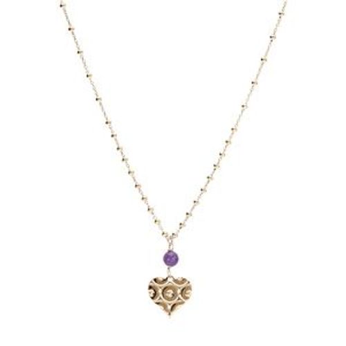 Collier Argent Doré Chaîne Boule Pendentif Coeur Mpartelé Avec 1 Boule Jade Violette Véritable 40+5cm