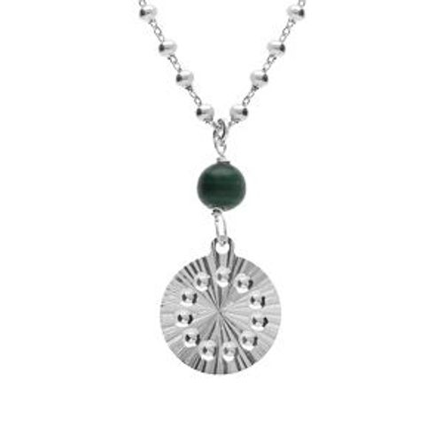 Collier Argent Rhodié Chaîne Boules Pendentif Cercle Diamanté Avec 1 Boule Malachite Véritable 40+5cm