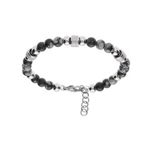 Bracelet Acier Et Boules Labradorite Teinté Grises Avec Cylindre Granité 19+2cm