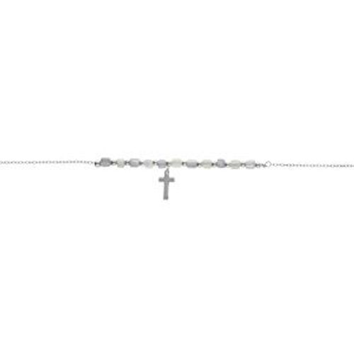 Bracelet Argent Rhodié Pampille Croix Avec Perles Nacre Véritable Blanche Et Teintée Bleu 16+3cm