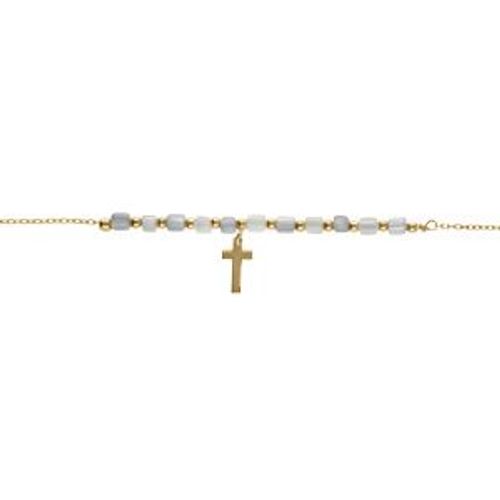 Bracelet Argent Doré Pampille Croix Avec Perles Nacre Véritable Blanche Et Teintée Bleu 16+3cm