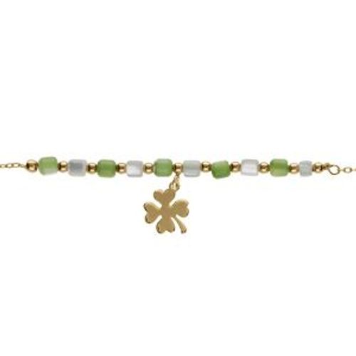 Bracelet Argent Doré Pampille Trèfle Et Perles Nacre Véritable Blanche Et Teintée Verte 16+3cm