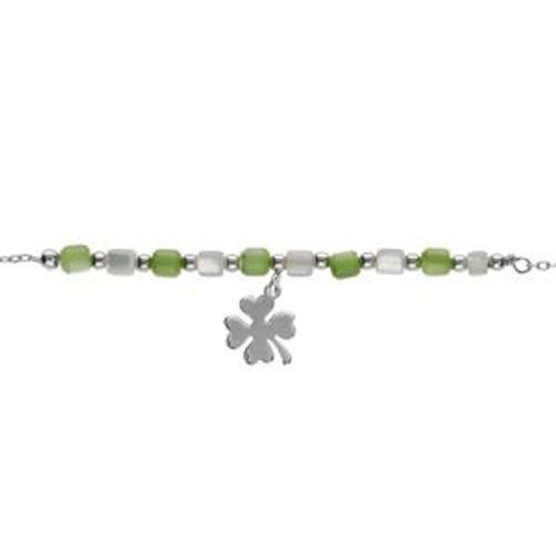 Bracelet Argent Rhodié Pampille Trèfle Et Perles Nacre Véritable Blanche Et Teintée Verte 16+3cm