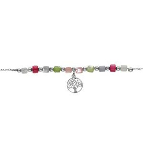 Bracelet Argent Rhodié Pampille Arbre De Vie Et Perles Nacre Véritable Teintée 16+3cm