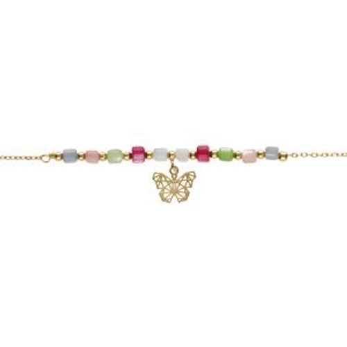 Bracelet Argent Doré Pampille Papillon Et Perles Nacre Véritable Teintée 16+3cm