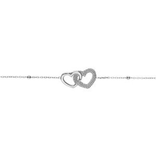 Bracelet Argent Rhodié Chaîne Boules 2 Coeurs Entrelacés 1 Lisse Et 1 Perlé 16+3cm