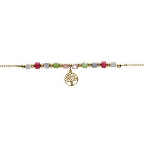 Bracelet Argent Doré Pampille Arbre De Vie Et Perles Nacre Véritable Teintée 16+3cm